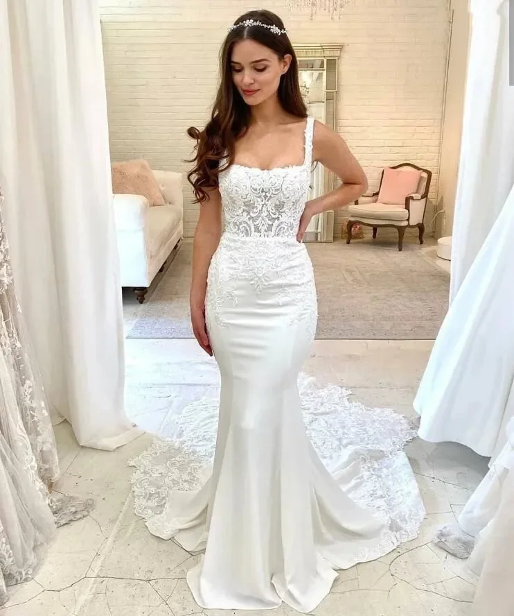 Elegant Lace Mermaid Wedding Dress Square Collar Satin Appliques Women Court Train Bridal Gowns customized