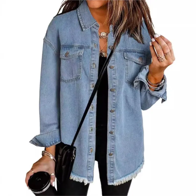 Washed denim shirt jacket for women in autumn and winter personalized street style brushed edge hem jacket for women