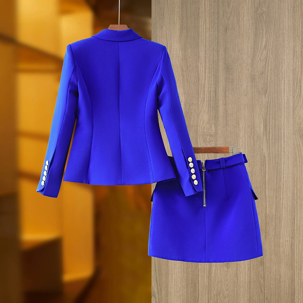 Blue Double-breasted Blazer Skirt  2 Pcs Slim Set Women Fashion Business Suit with Belt