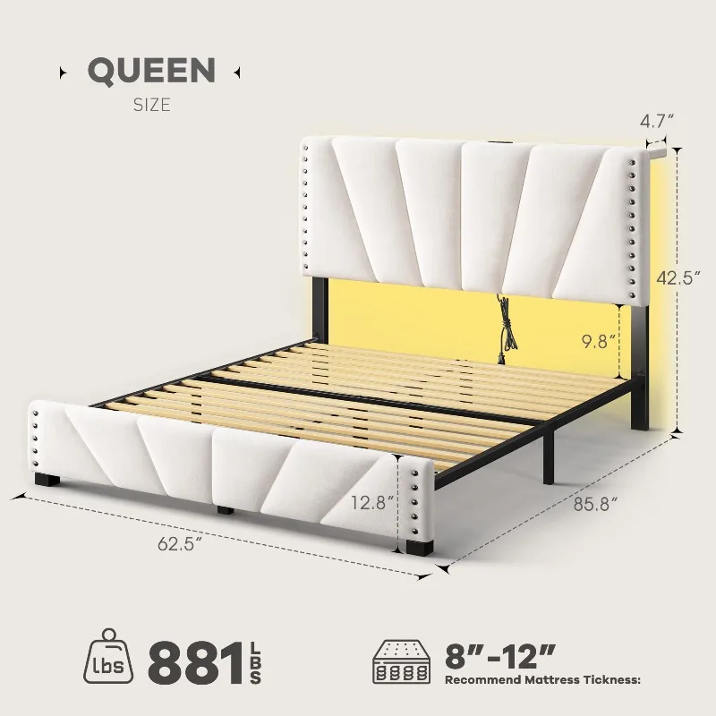 Queen Bed Frame with LED Lights & USB, Noise-Free, Beige