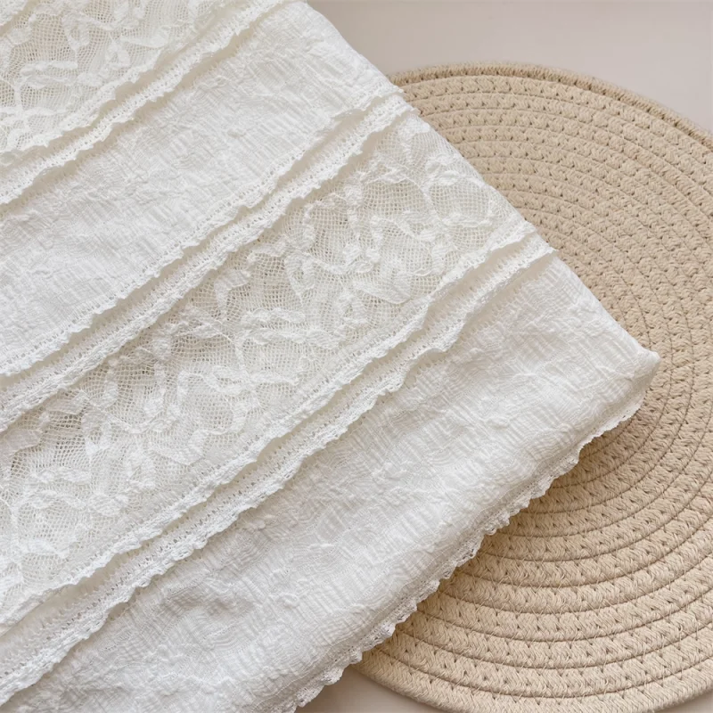 

Pleated lace polyester fabric for dress, white layered lace elastic tablecloth fabric