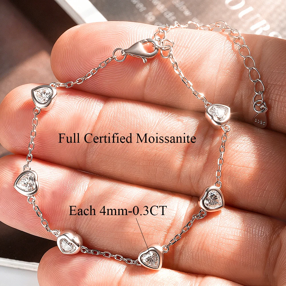 COSYA 1.8cttw Heart Cut Moissanite Bracelets for Women 100% S925 Silver Sparkling Bezel Lab Diamond Hand Chain Fine Jewelry Gift