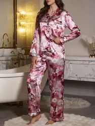 Women's satin printed pajamas two piece set spring autumn long sleeved top long pants casual comfortable two piece home suit set