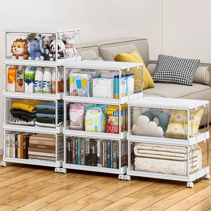 Clear Storage Bins with Lids & Wheels, Stackable Plastic Craft Containers, Large Closet Organizers Box for Bedrooms Living