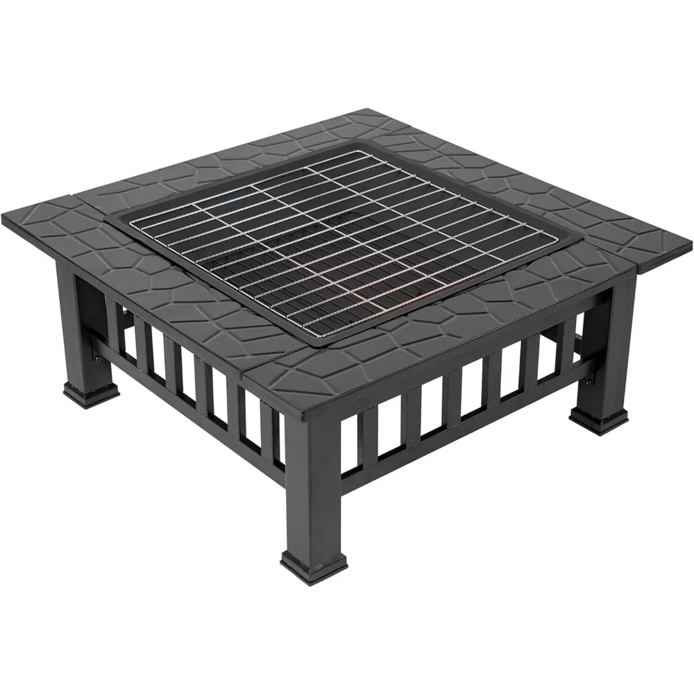 Outdoor Fire Pit Table, 32 inch Multifunction Metal Square Fire Pit in Black with Spark Screen Lid, Cooking Grate