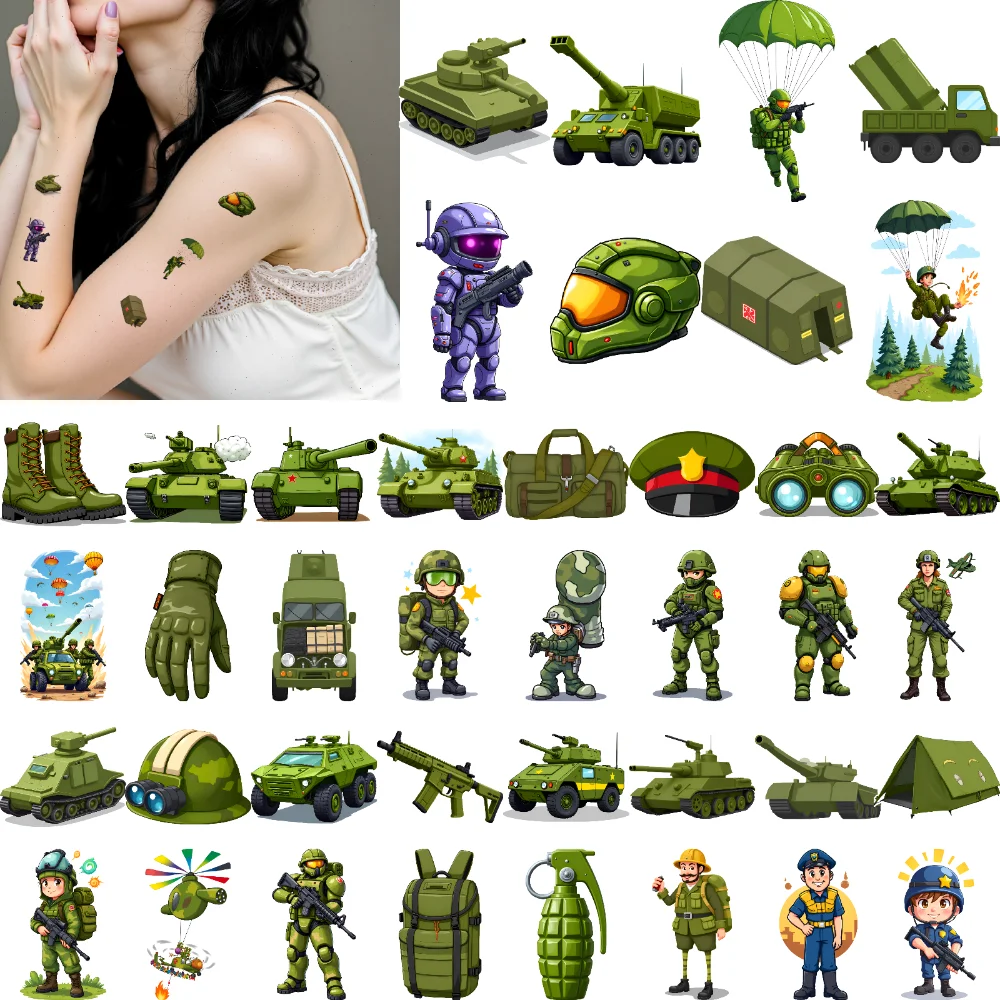 

54pcs Temporary Tattoo Army Illustrations Cartoon Military Icons Temporary Tattoo Stickers For Men Adults
