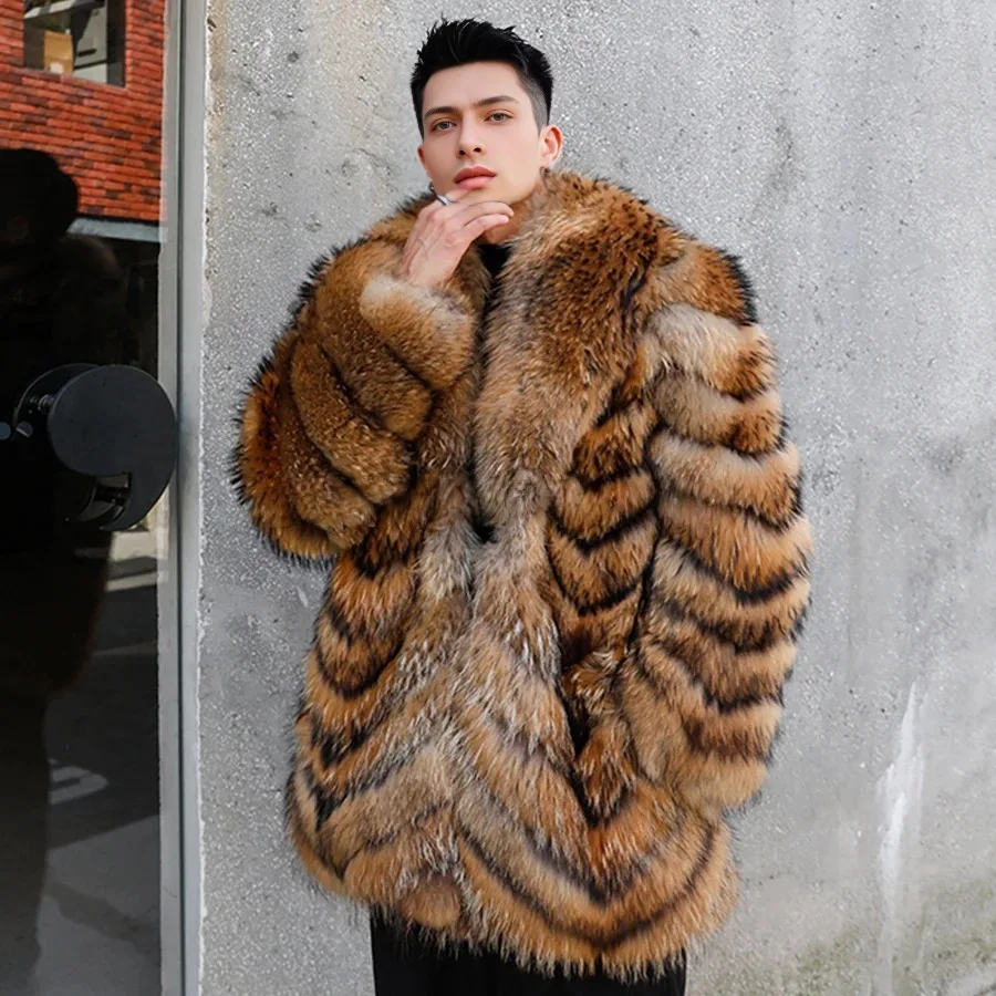 

Winter Fur Coat For Men Real Raccoon Fur Coat With Turndown Collar Cropped Mid-Length Raccoon Fur Coat Luxury Natural Fur Jacket