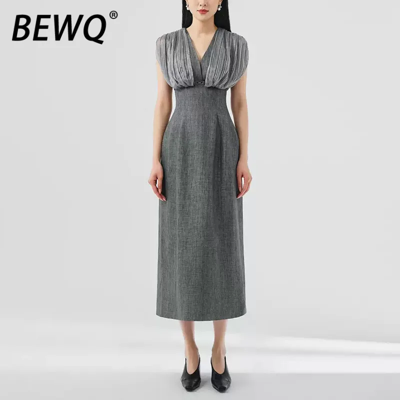 BEWQ Elegancka Sukienka Damska Dekolt V Plisowana Bez Rękawów Wysoki Stan Gazowa Wstawka Wieczorowa Sukienka na Imprezę Jesień 2025 Nowość