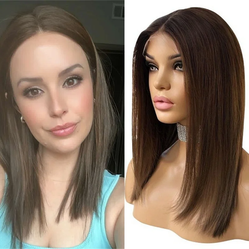 

Ombre Brown Highlights Balayage Luxury Synthetic Lace Front Wig Soft Glueless Wig 14 Inch Short Straight Bob Preplucked Hairline