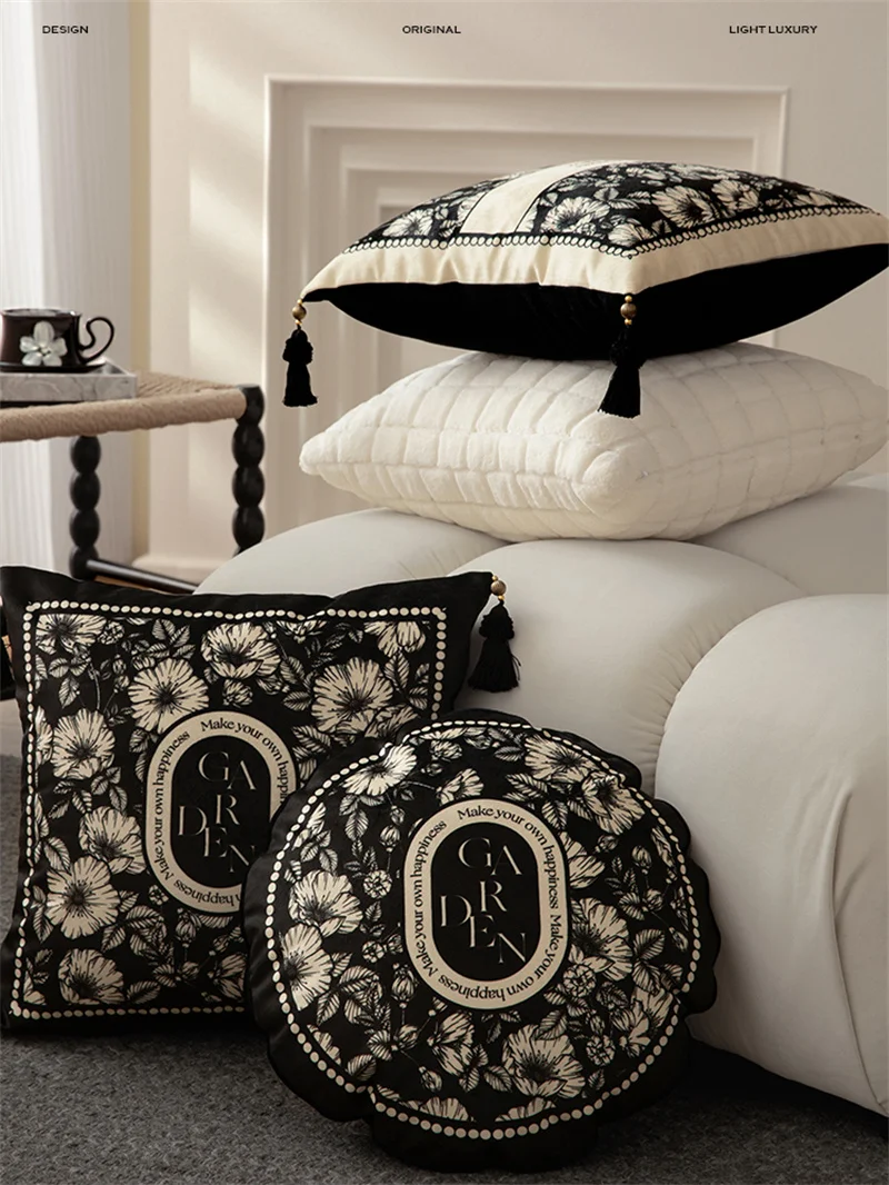 Luxury Velvet Cushion Cover Home Decoration, Black and White, Pillowcase Shell, Floral Farmhouse, Vintage Coach Sofa Bed and Car