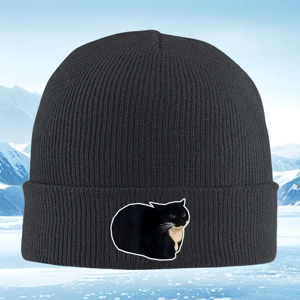أبيض وأسود القط التوضيح يجلس الرجال النساء للجنسين محبوك قبعة قبعة صوفية قبعة الشتاء الحرارية الدافئة عيد الميلاد في الهواء الطلق