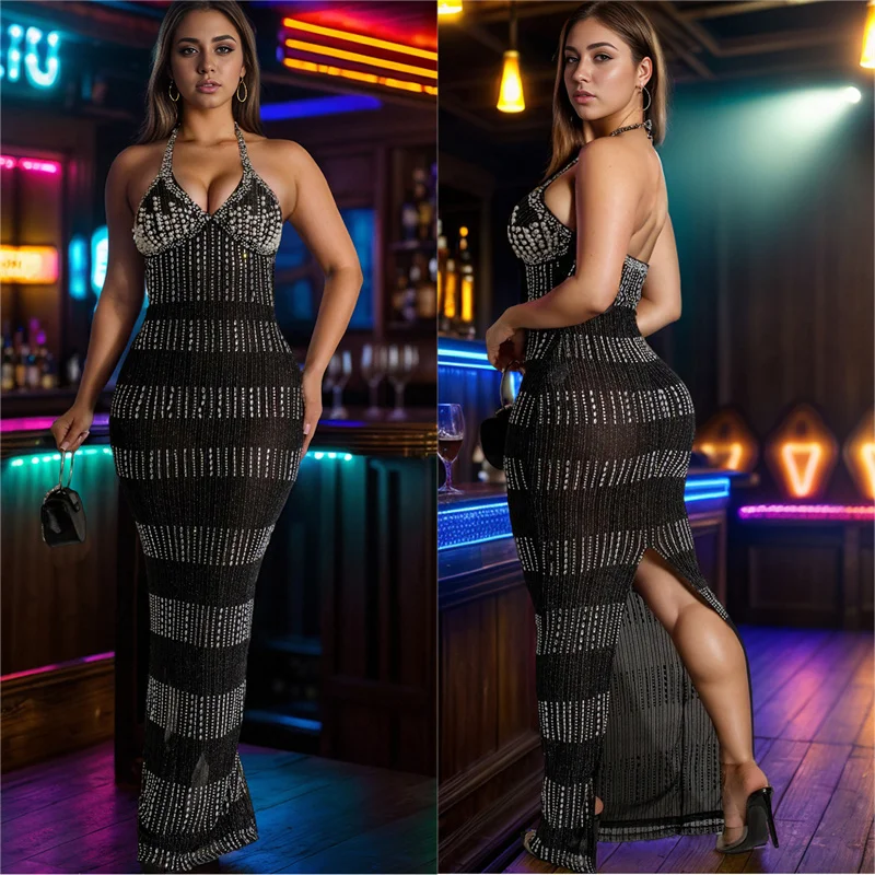 2024 Kobiety Backless Halter Rhinestone Sexy Evening Party Dress Bodycon Slim Back Split Diamonds Night Club Long Dress Vestidos