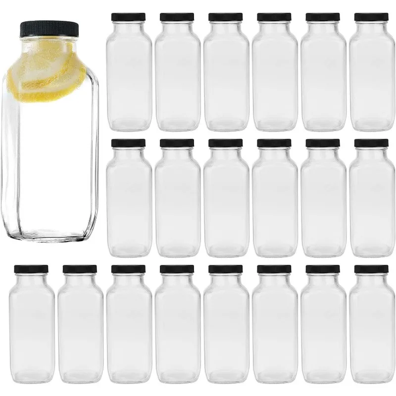 Vintage Water,Glass Drinking Bottles 16oz,Square Beverage 500ml With Lids For Kombucha,Tea,Glass Homemade Drinks, 20Pack