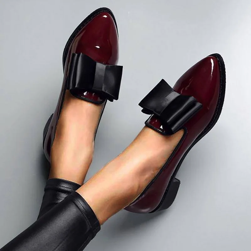 Spring Autumn Women Shoes Bowtie Loafers Patent Leather Women's Low Heels Slip On Footwear Female Pointed Toe Thick Heel zapatos