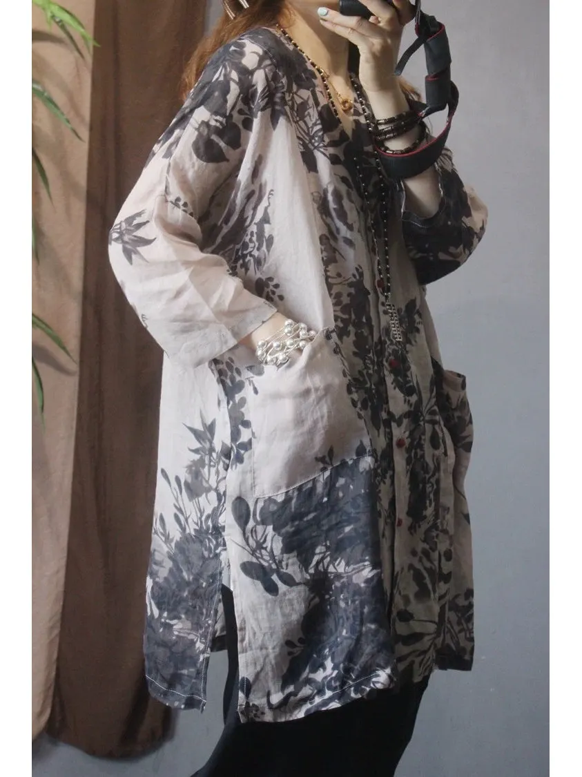 Artistic Water-Mark Print Loose-Fit Midi Open-irt Top Sun-Protective -Silk Blend V-Ne Button-Up Women's irt