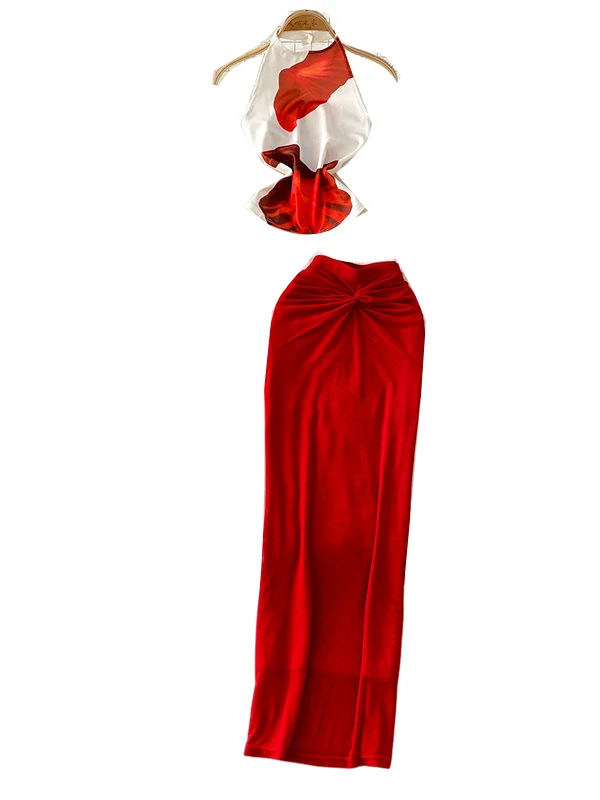 

Sexy Bal Svel Ne Hanging Vest Top Set High Waist Slimming f Skirt Trendy Faion Women's Two-Piece Suit Set