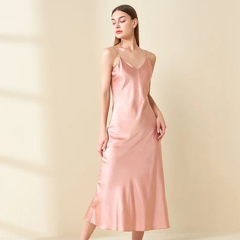 

Real Silk Long Slip Dresses Sexy 100% Mulberry Silk Camisole Evening Dress V Neck Maxi Nightgown Sleeveless Pajama Loungewear PJ