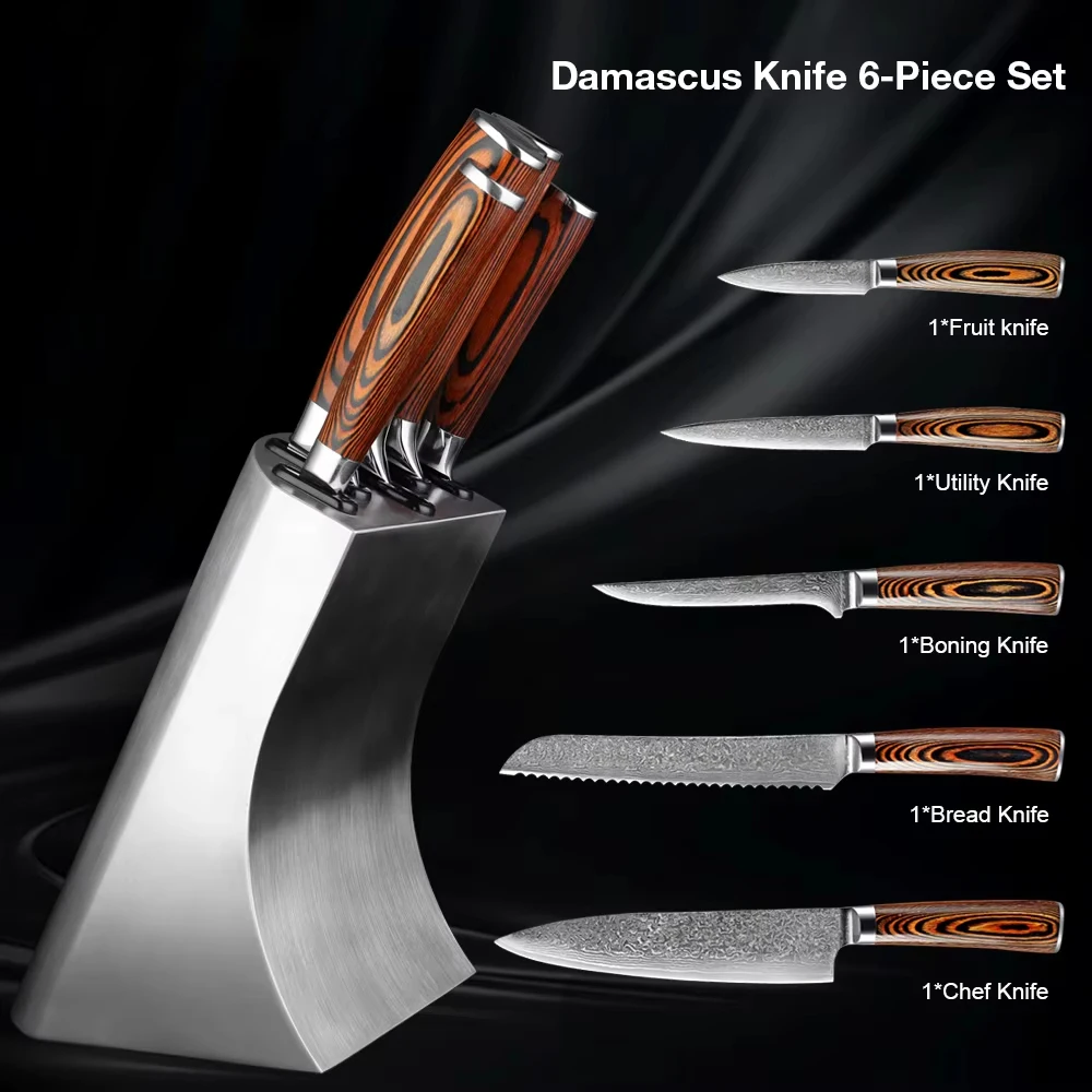 Wholesale Damascus Knife 6 PCS Block Set 67-Layer VG10 Steel, Included Pro Chef knife Santoku Knife, Paring Knife, Boning Knife