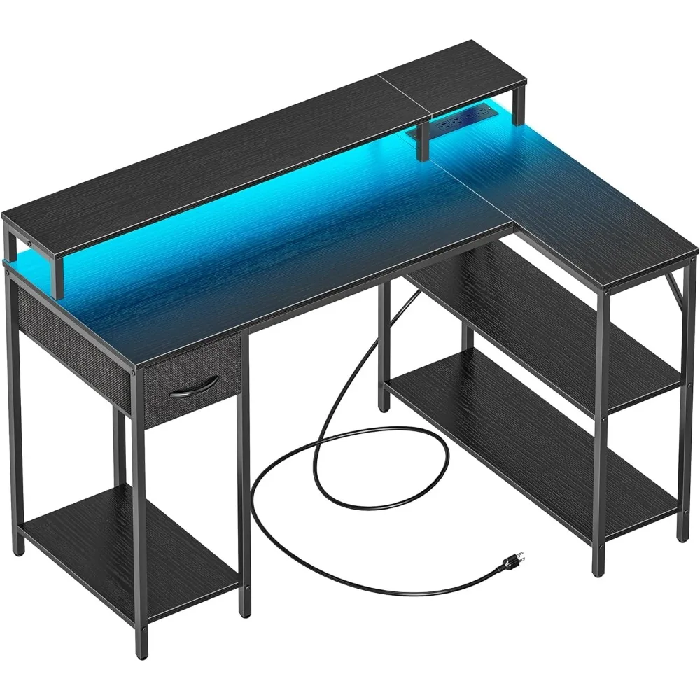 

L Shaped Reading Desk with LED Lights and Power Outlets, Laptop Study Table, Black Gaming Desk, Computer Desks, Furniture