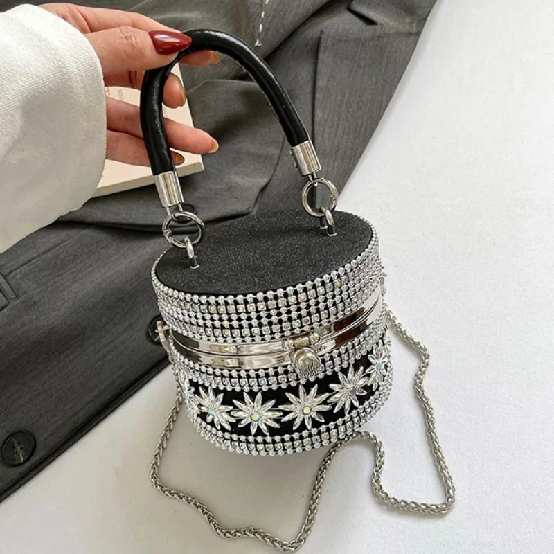 Luxury Diamonds Handbags for Women 2026 New Fashion Shining Round Box Shoulder Bag Woman Leather Party Evening Crossbody Bag