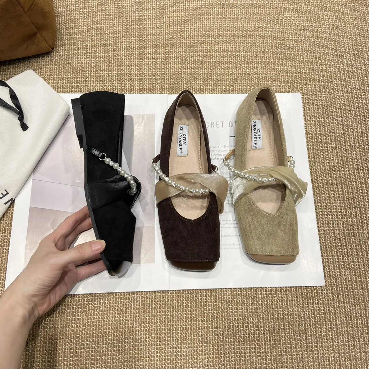 

Ballet Flat Shoes Woman string bead Shallow Loafers fashion Square Toe flats shoes Designer Comfortable slip on Zapatos De Mujer