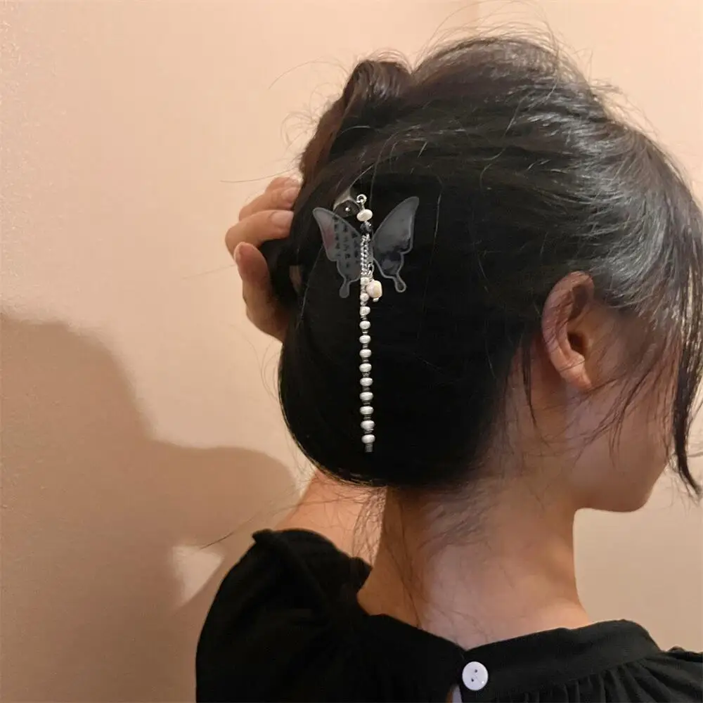 Chinese style ink-wash butterfly pearl tassel hairpin, ethnic style fashionable hairpin, headwear and hair accessory.