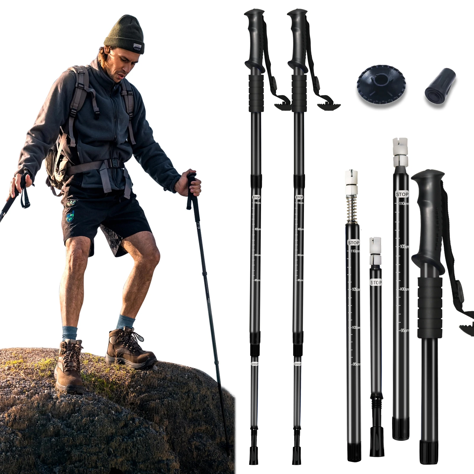 1PC 4 Section Portable Outdoor Foldable Telescopic Aluminum Alloy Trekking Poles  Lightweight Hiking Stick For Camping Climbing
