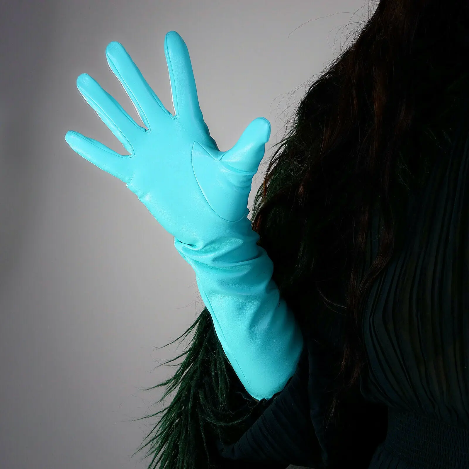 GUANTES de moda de piel sintética, 16 ", 40cm, largo hasta el codo, azul agua, Robin Egg, verde menta, fiesta de noche, Cosplay, guante de vestir para Halloween