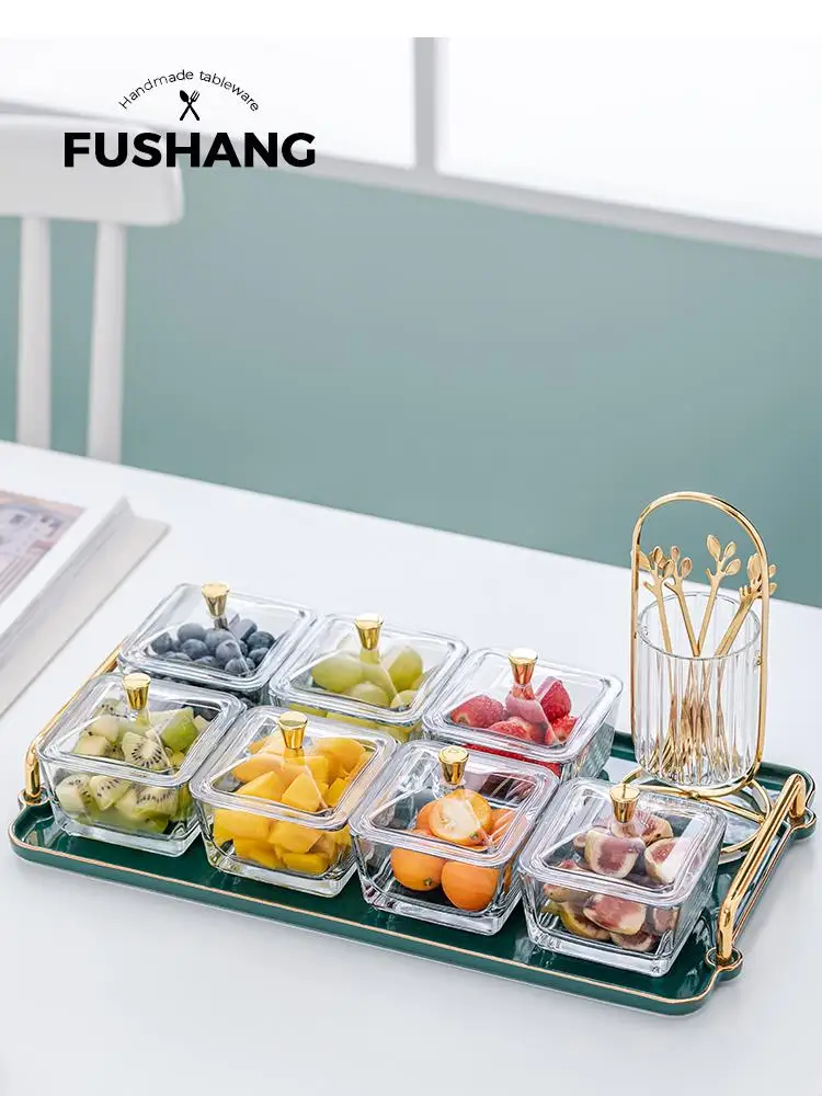 

Ceramic Divided Grid Dried Fruit Plate with Lid Gold Double Ear Tray Household Snack Dessert New