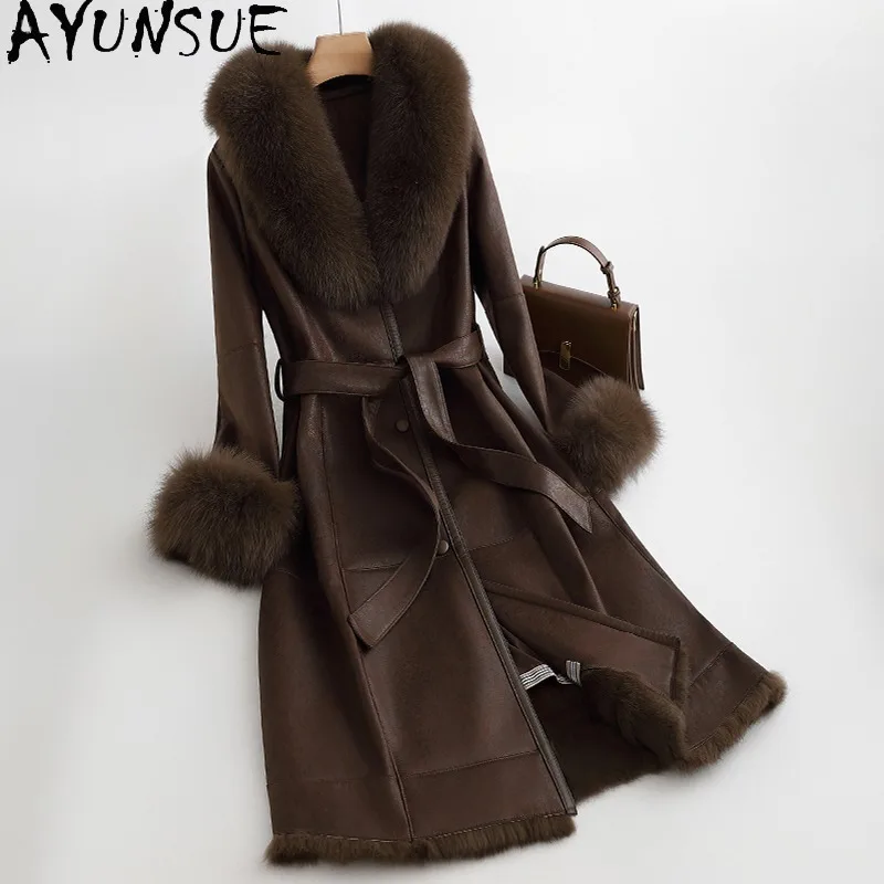 

AYUNSUE Real Fur Coat Woman Luxury 2025 New Winter Coats for Woman Fox Fur Collar Jackets Long Woman Clothes Fourrures Femmes