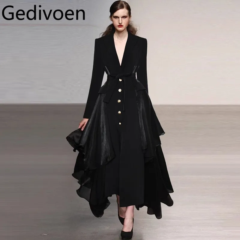 Gedivoen Fashion Runway Women's Coat Long Sleeved Single-Breasted Lace-Up Flounced Edge Slim Autumn and Winter Overcoat