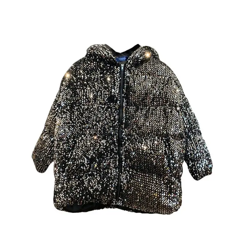 Loose Sequin Patchwork Jacket for Men Winter Thickened and Warm Parkas Coat Casual Social Bomber Jacket Stage Nightclub DJ Coat