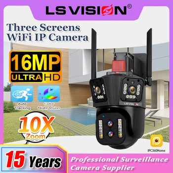 LS Vision 8K 16MP 10X Optical Zoom WIFI IP Camera Auto Tracking 6K PTZ Quad Lens Three Screen Waterproof Outdoor Security Camera