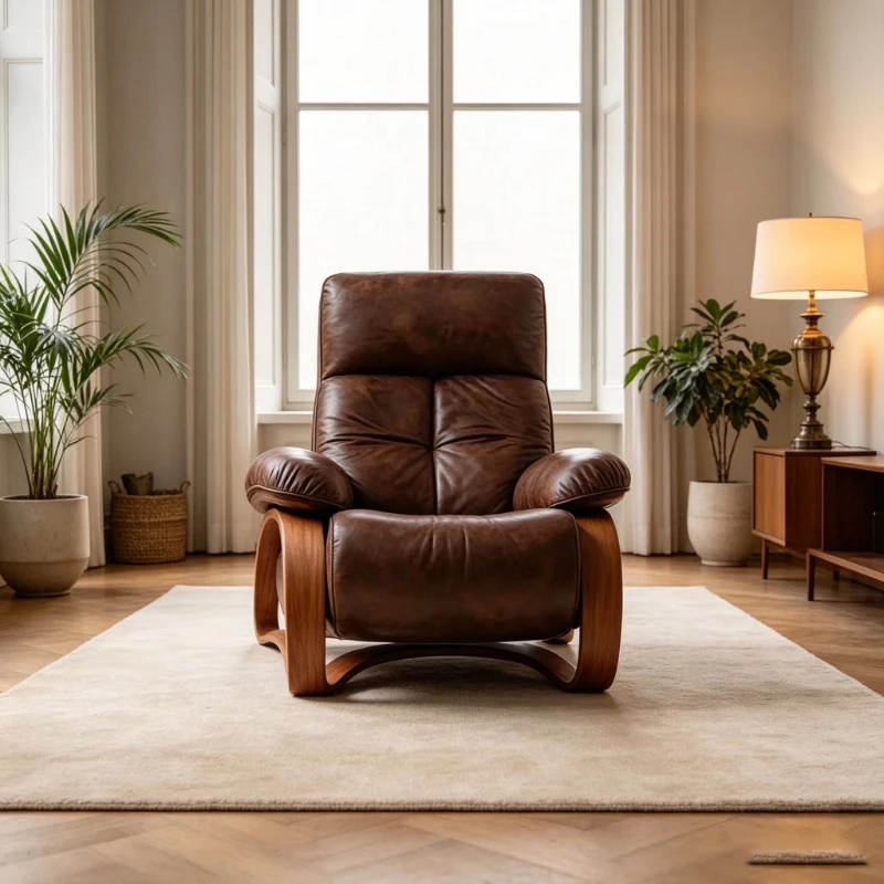 Curved wooden rocking chair modern brown imitation old leather upholstered environmental protection single