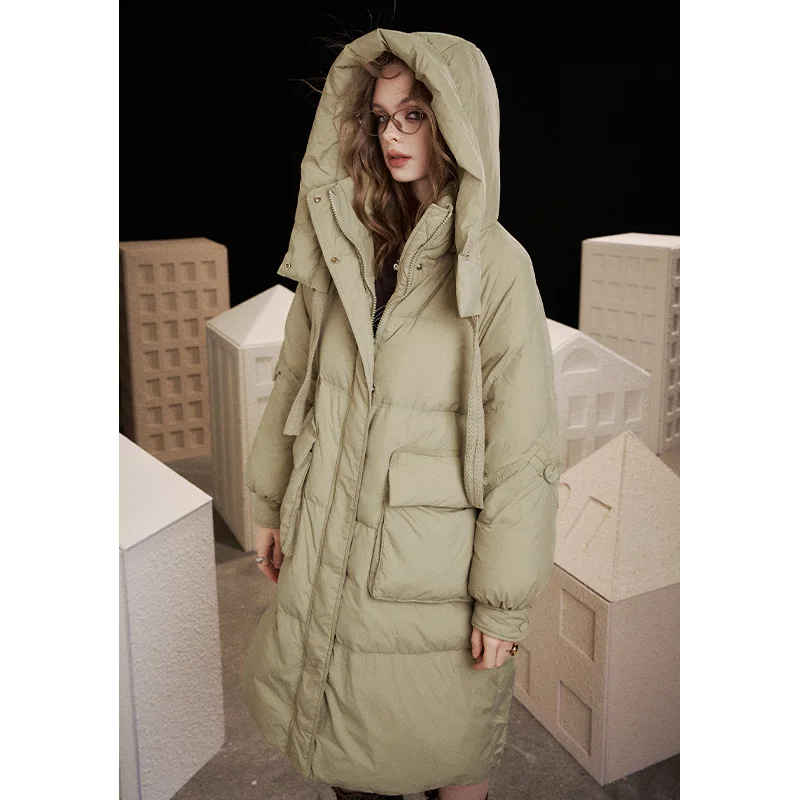 ELFSACK 2025, Winter-Neuheiten, lässig, einfarbig, mit Kapuze, übergroß, langer Daunenmantel für Damen