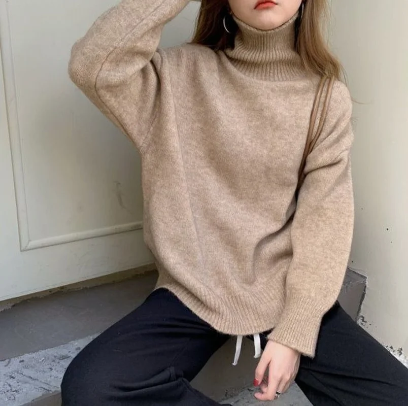 Korean Version New Women\'s Turtleneck Long Sleeve Sweater Loose Pullovers Top Female Autumn Solid Knitted Sweaters for Women