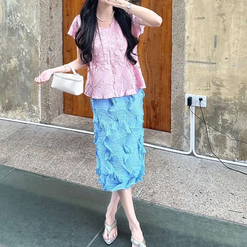

Miyake 2025 Summer New Folding Two Piece Women's Round Neck Short Sleeve T Shirt + A-line Skirt Two Piece Casual Women's Suit