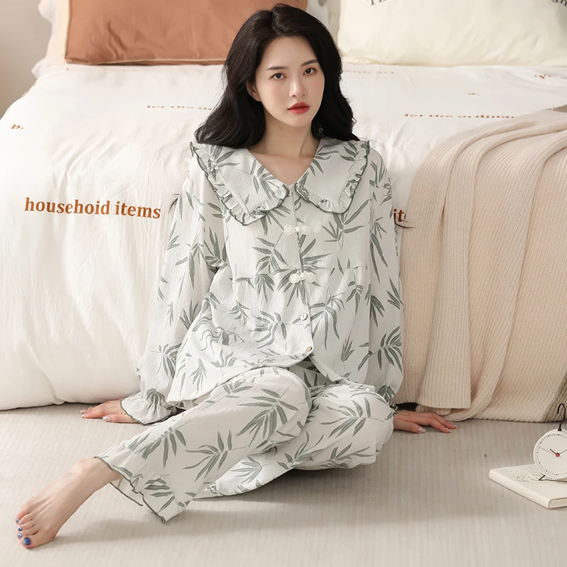 Satu Set piyama katun wanita motif elegan, setelan piyama wanita motif modis, pakaian tidur panjang semua musim