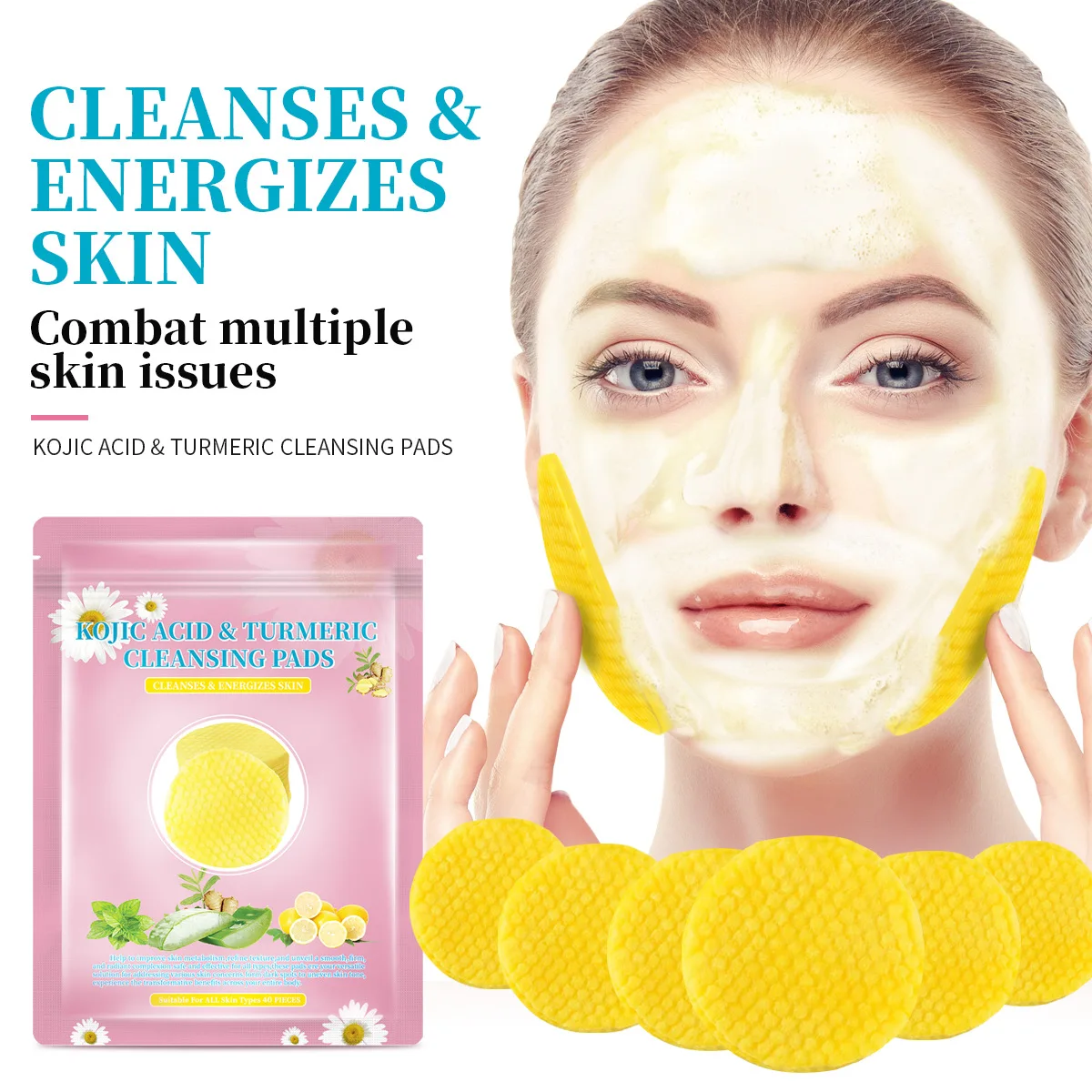 40pcs Kojic Acid Turmeric Cleansing Pads control oil Exfoliating Pads Facial Sponges For Cleansing Exfoliating Daily Skin Care