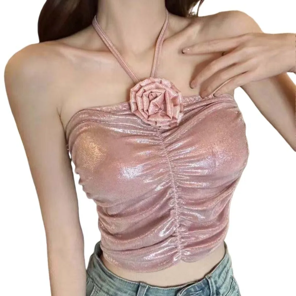

3D Rose Flower Decoration Rose Flower Camisole Slim Fit Sleeveless Crop Tops High-end Feeling Versatile Suspender Vest Travel