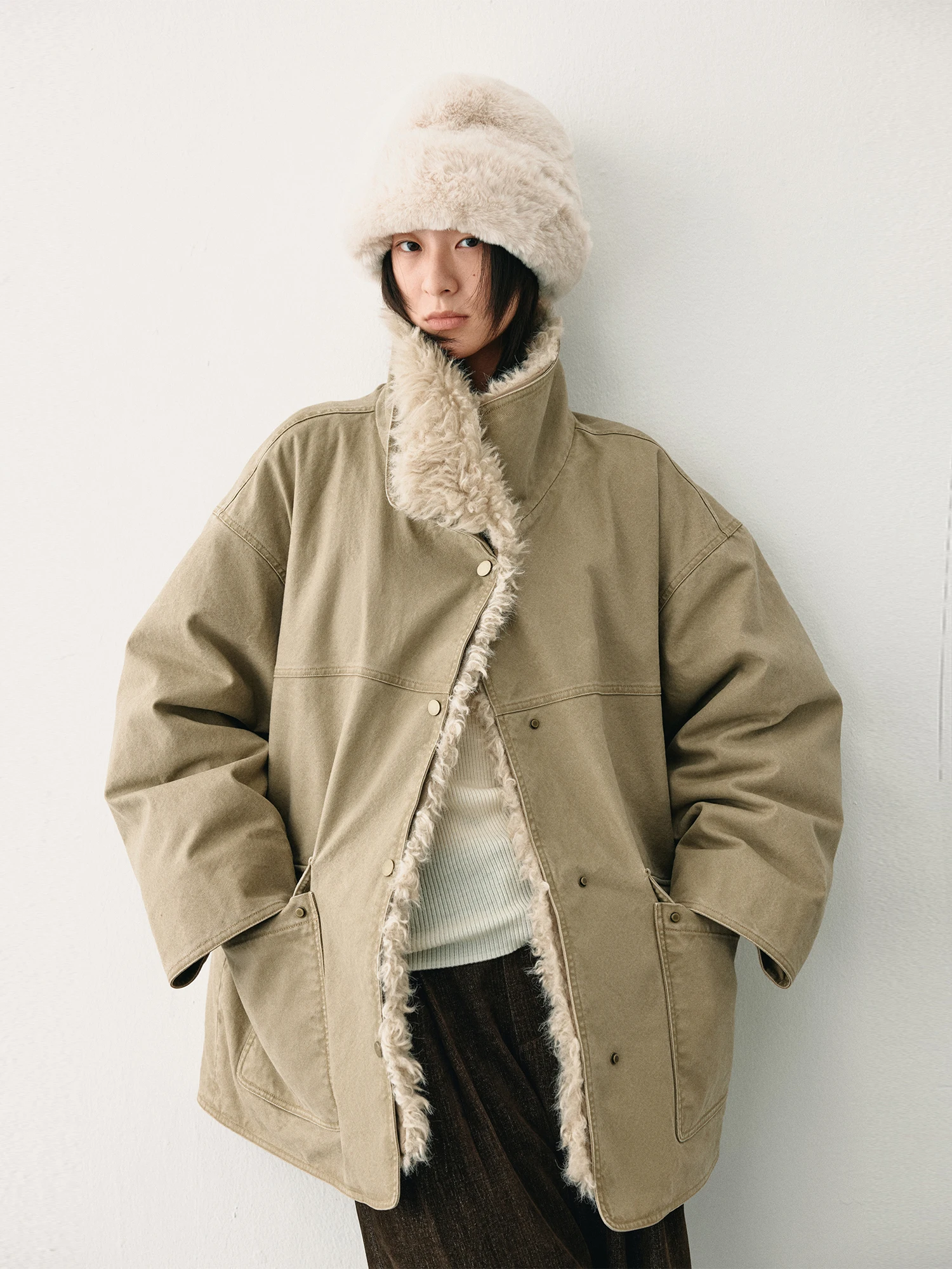 

HaveRice Restaurant California Warm Sunlight New Snow Light Weight Warm Detachable Fur Collar Workwear Cotton Jaet Outerwear