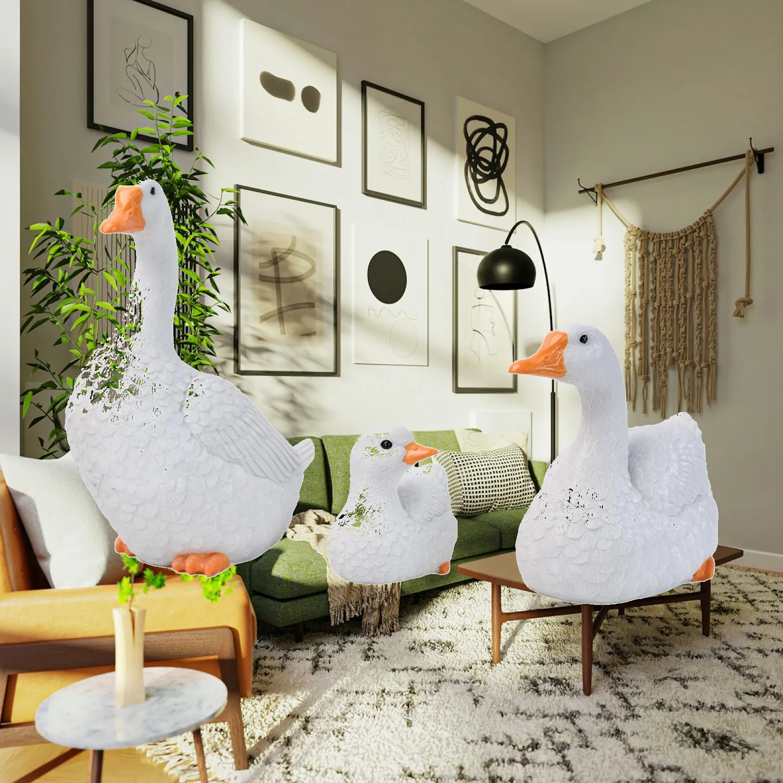 Garden Duck Sculpture Set Resin Industrial Statue White Ducks Orange Beaks Decor for Patio Porch