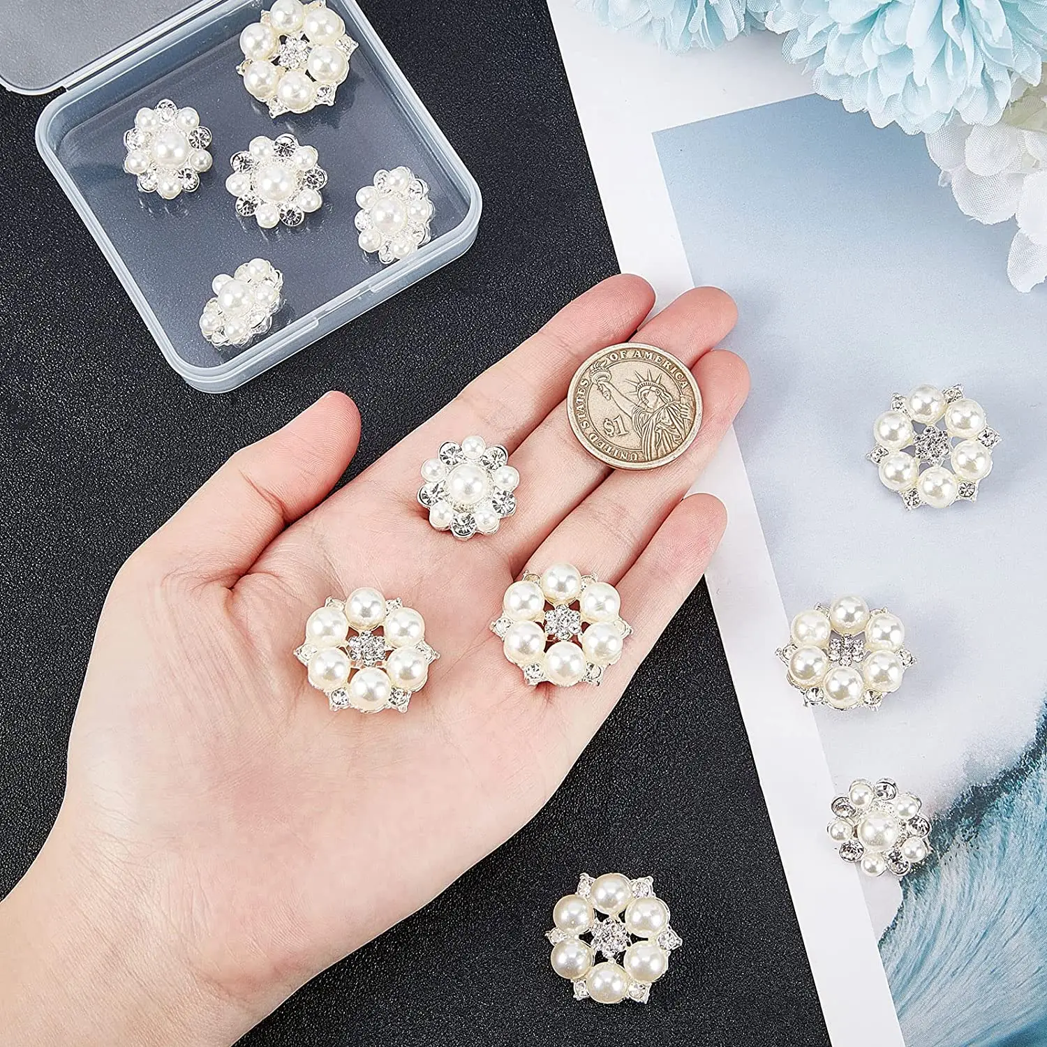 10Pcs Pearl Rhinestone Buttons Alloy Flat Back Snowflake Accessories for DIY Wedding Ornaments Clothing Hair Bow Flower Crafts