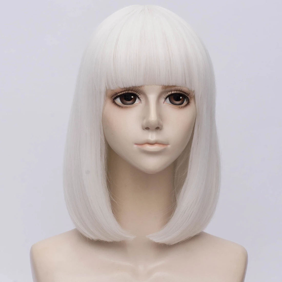 Parrucca bianca cosplay per feste di Halloween da donna corta dritta con frangia in fibra sintetica resistente al calore