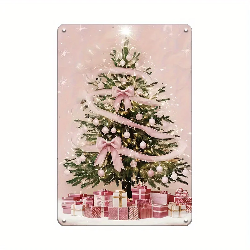 Retro Pink Christmas Metal Tin Sign - Vintage Holiday Decor with Festive Tree Design, Golden Ornaments & Wrapped Gifts, es, Per