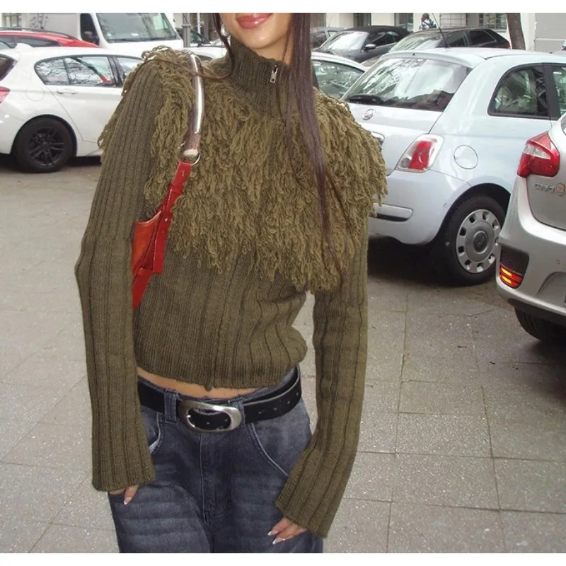 2025 New Autumn and Winter Sweater Knitwear Pullover with Tassels, Semi-High Collar, Long Sleeves