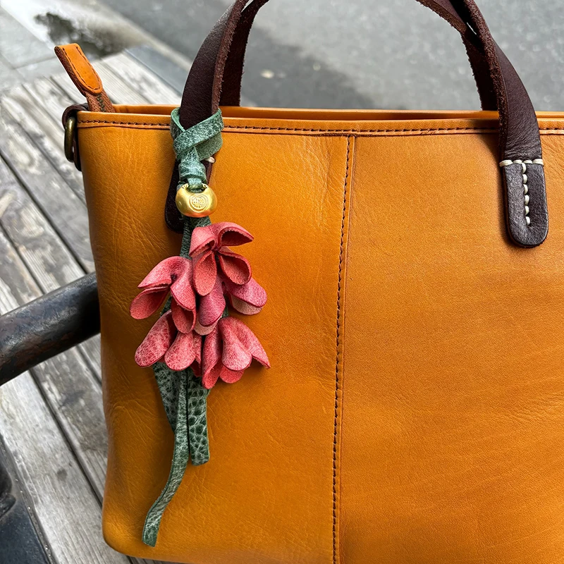 Cow Leather Flower Shaped Bag Charm Cowhide Rope Women's Tulip Bag Pendant Car Keychain Hand Rope Handbag Accessories