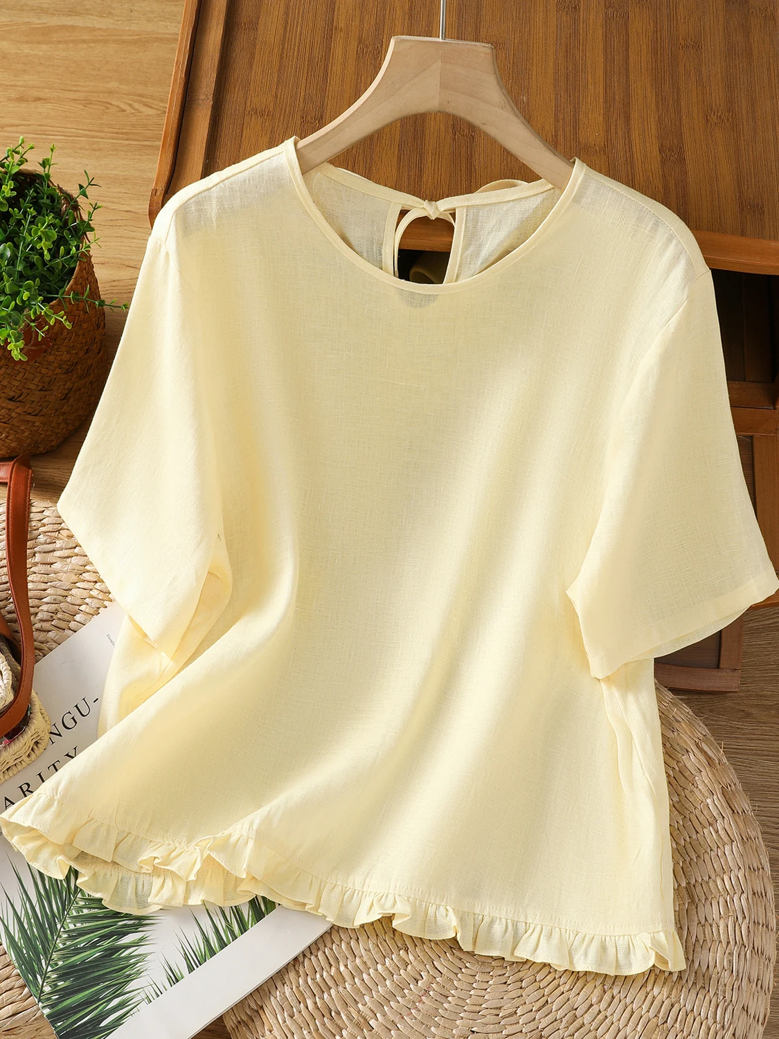 

Retro Linen Ruffle Splicing ort Sve T-irt Women Summer Design Loose round Ne f Sve Top Cotton Blend Comfortable
