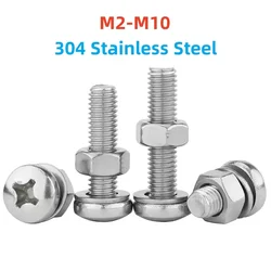 M2- M10 304 Stainless Steel Cross Round Phillips Pan Head Screw Flat Gasket Nut Bolt 3 in 1 Three-Piece Combination