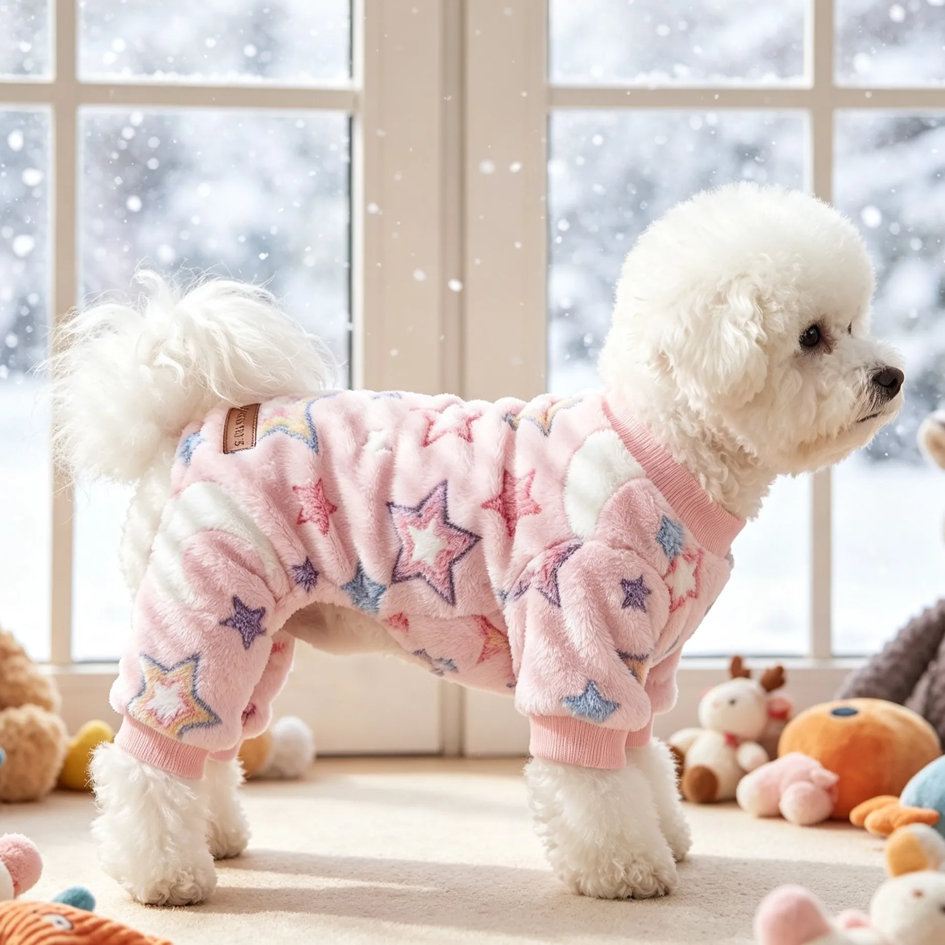 Kleidung für vierbeinige Haustiere, Hunde-Overall-Pyjama, dicke, flauschige Hunde-Kleidung für Herbst und Winter, Hunde-Kleidung mit Regenbogen- und Sternmotiven. – Detail 1